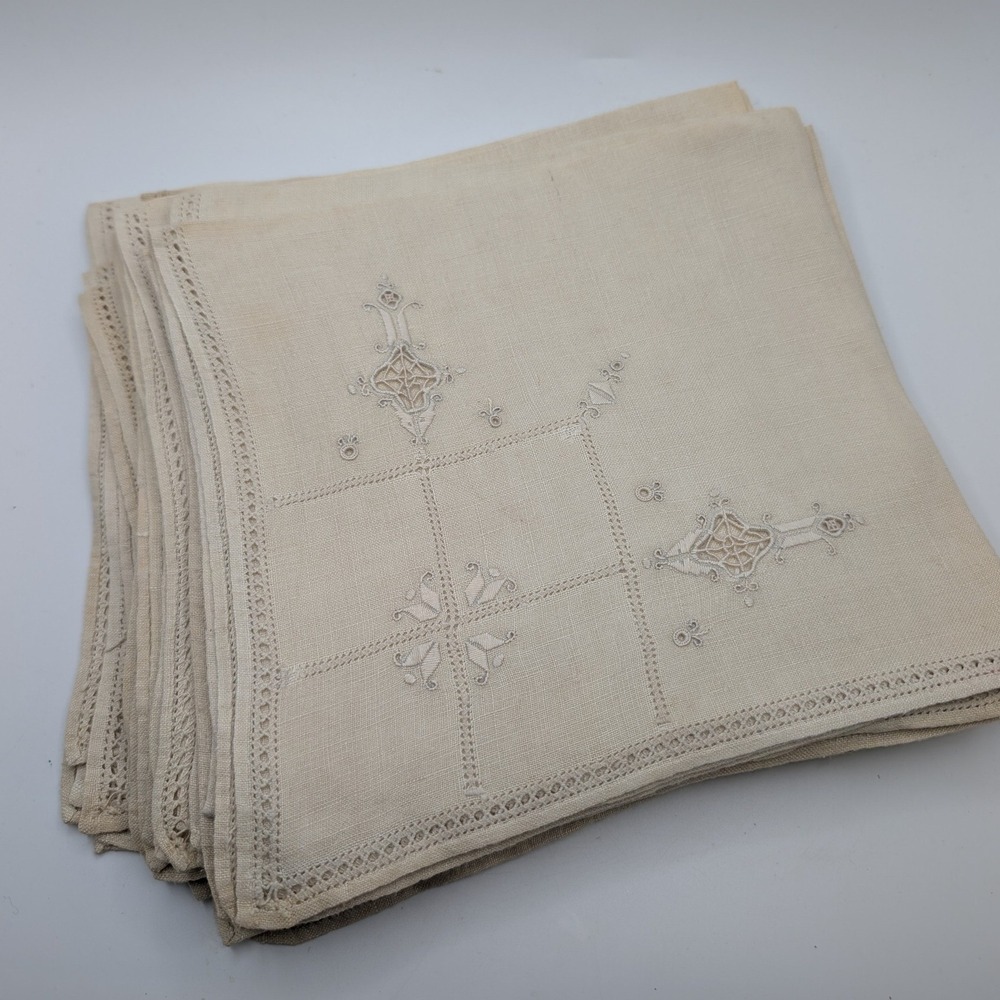 Vtg Set 12 Napkins Beige Linen Embroidered Lace Victorian 16" Grandmacore